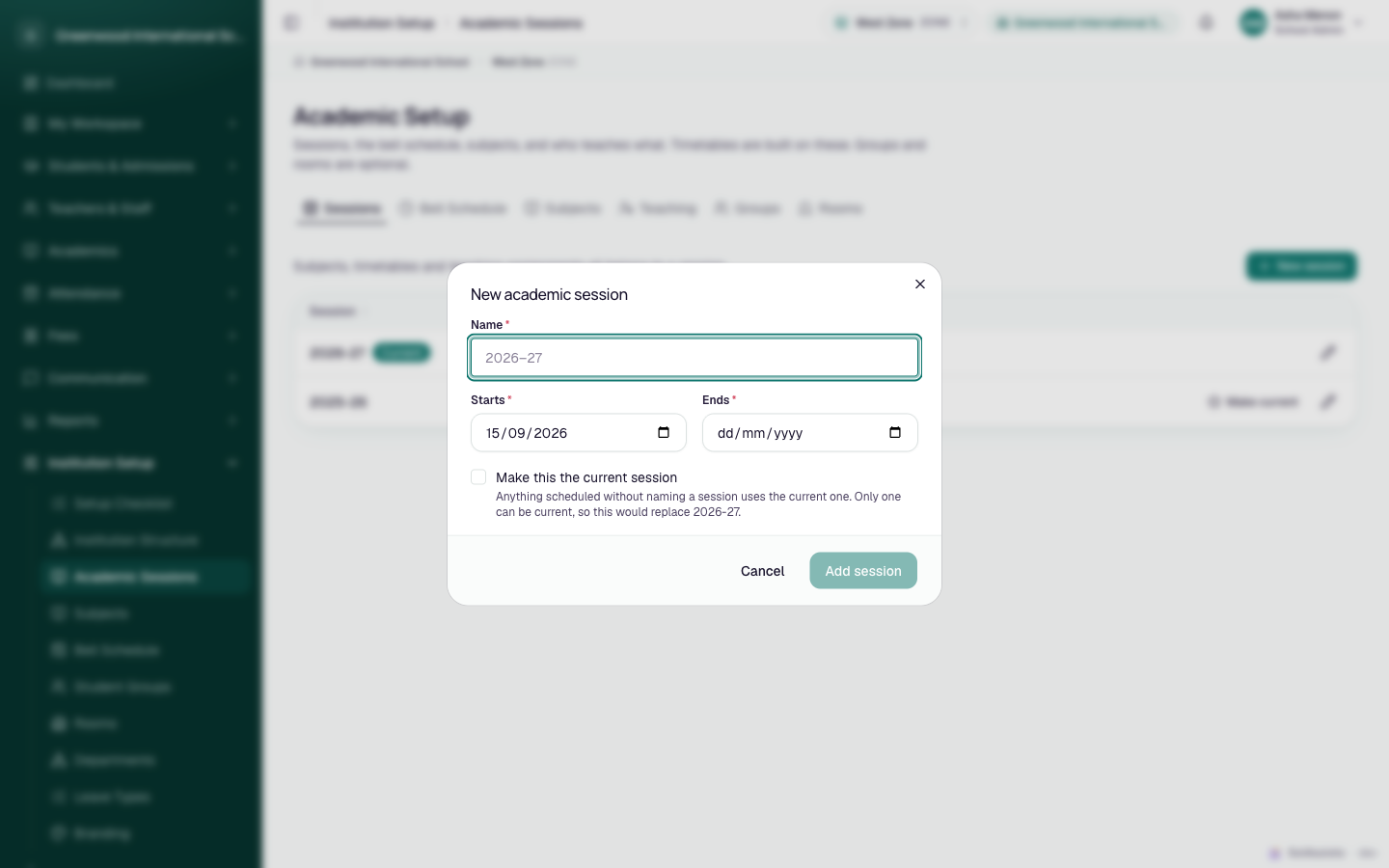 New academic session dialog