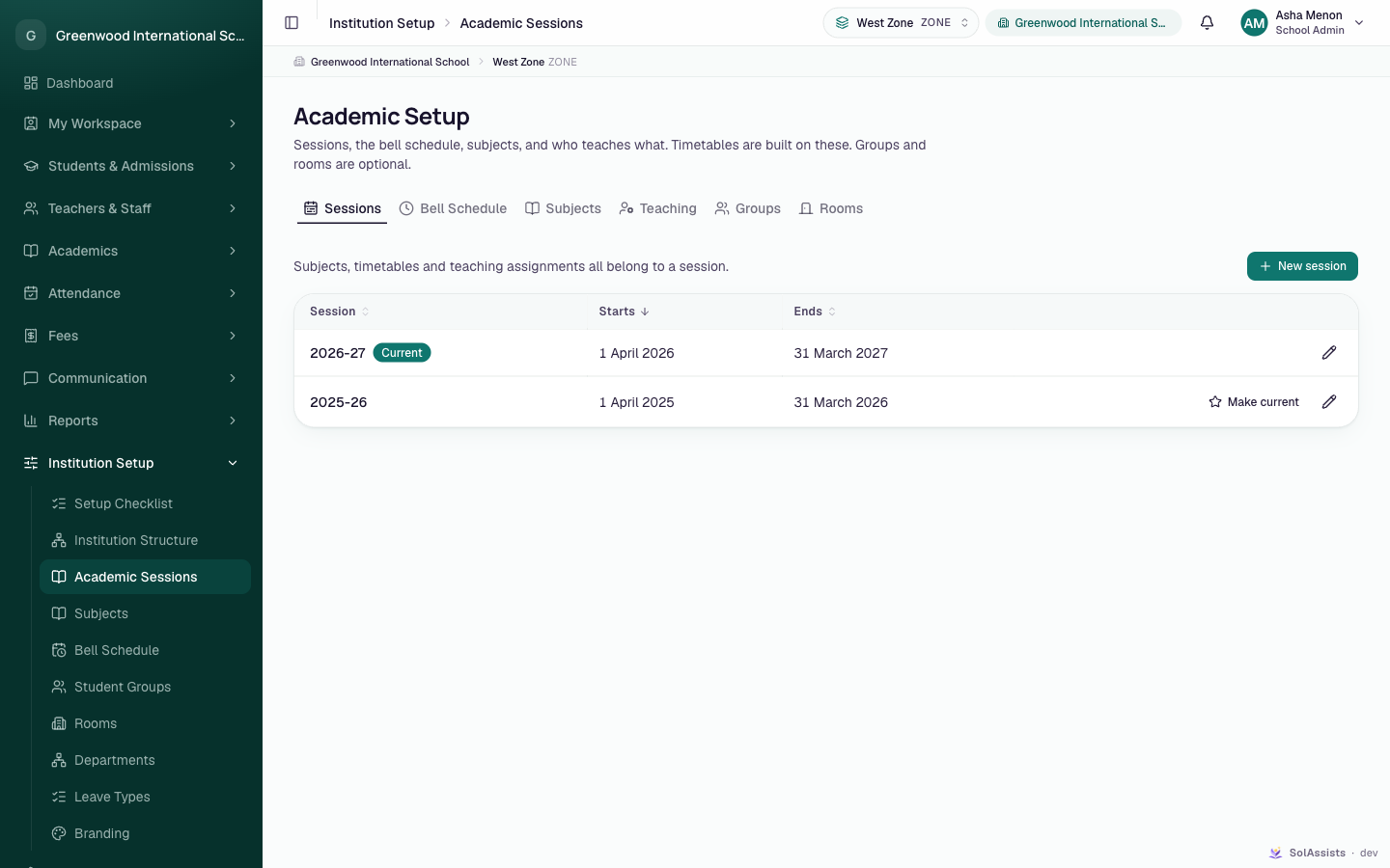 Sessions tab with 2026-27 marked Current and 2025-26 with a Make current button