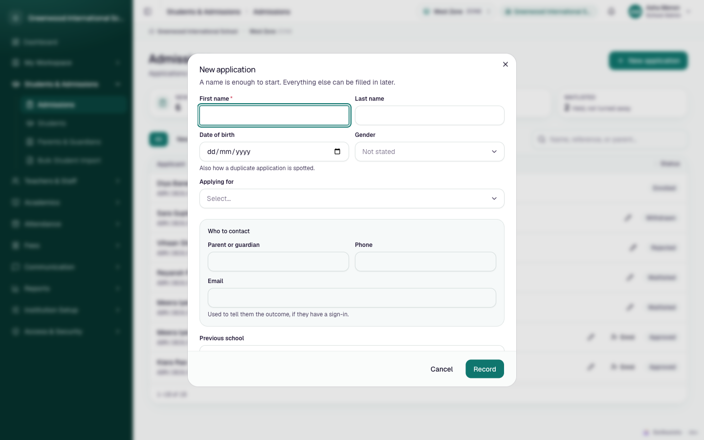 The New application dialog