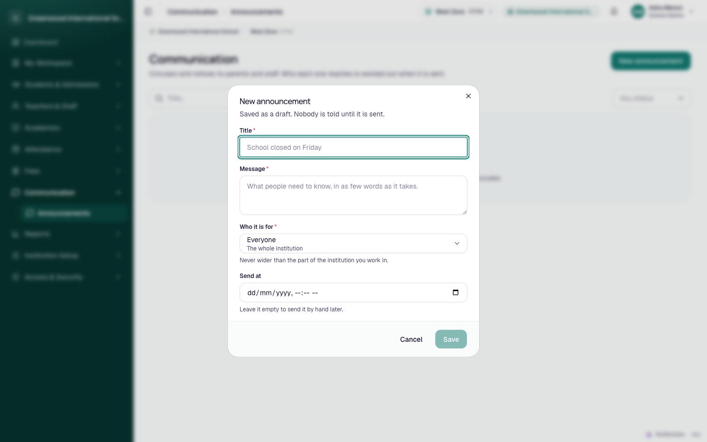 The New announcement dialog