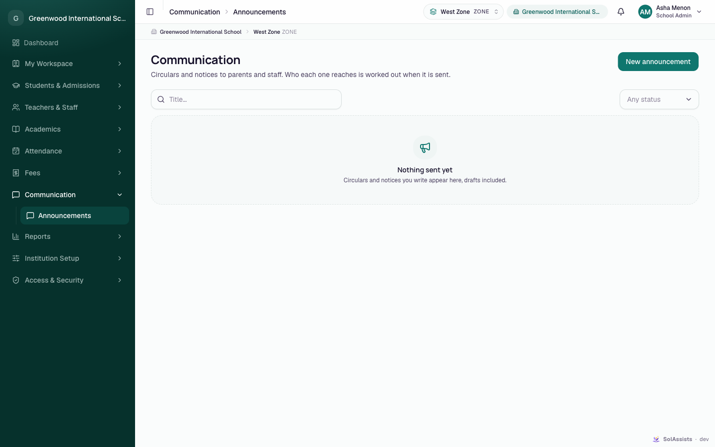 The Communication page before any announcement is written