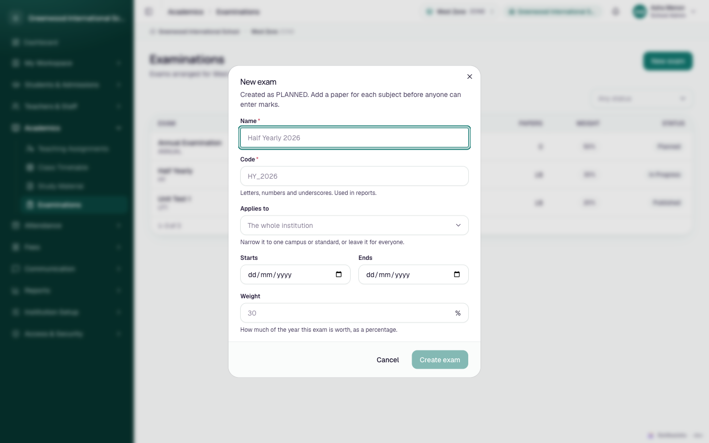 The New exam dialog