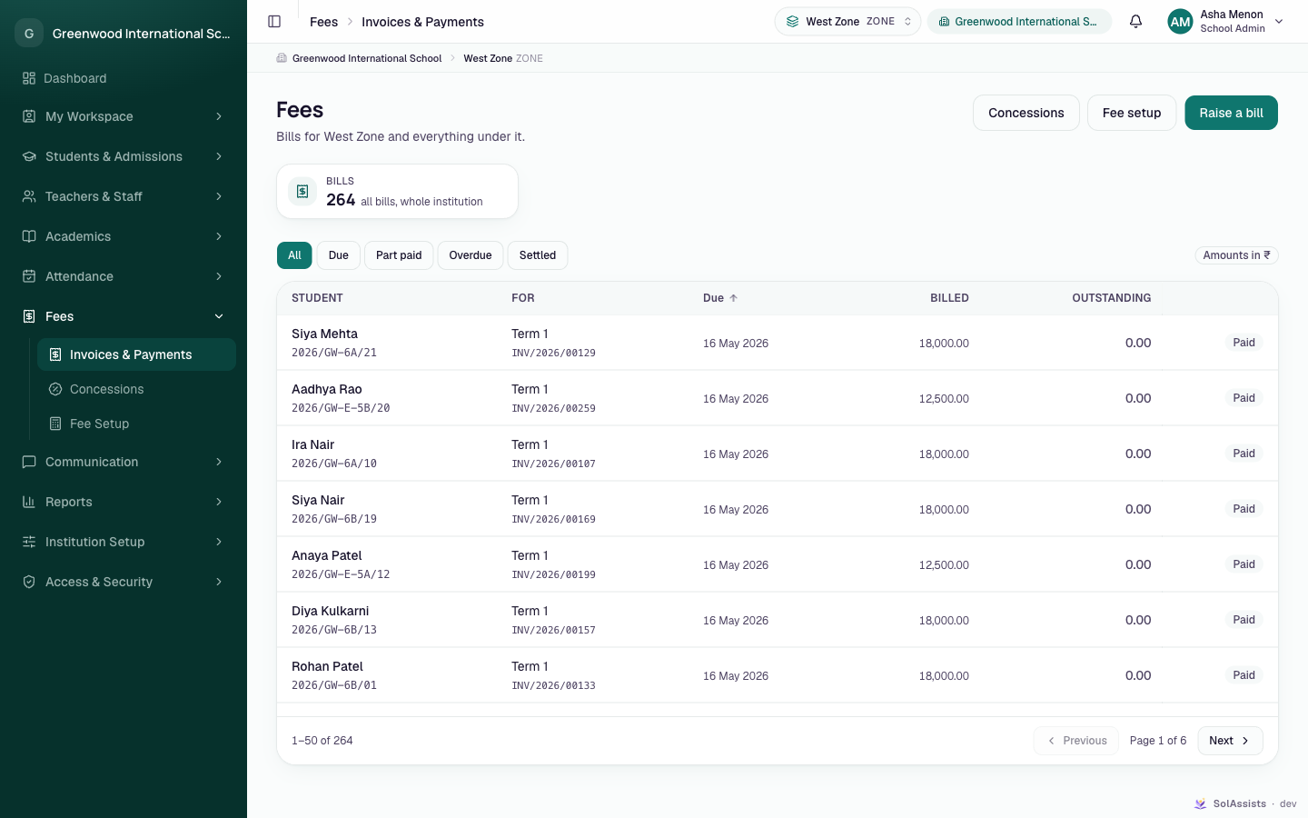The Fees page with bills and status filters