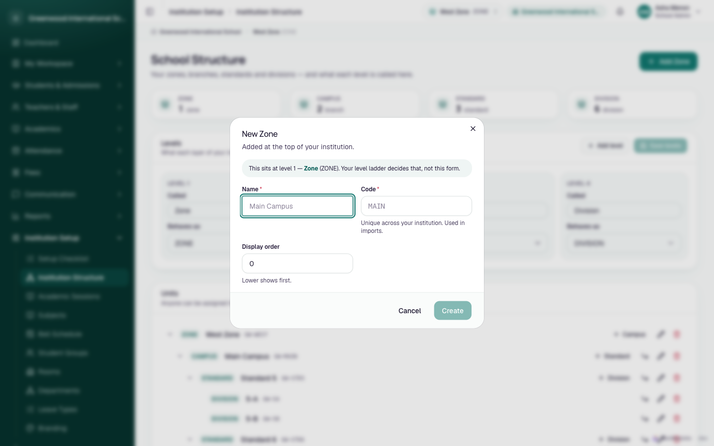 New Zone dialog with Name, Code and Display order