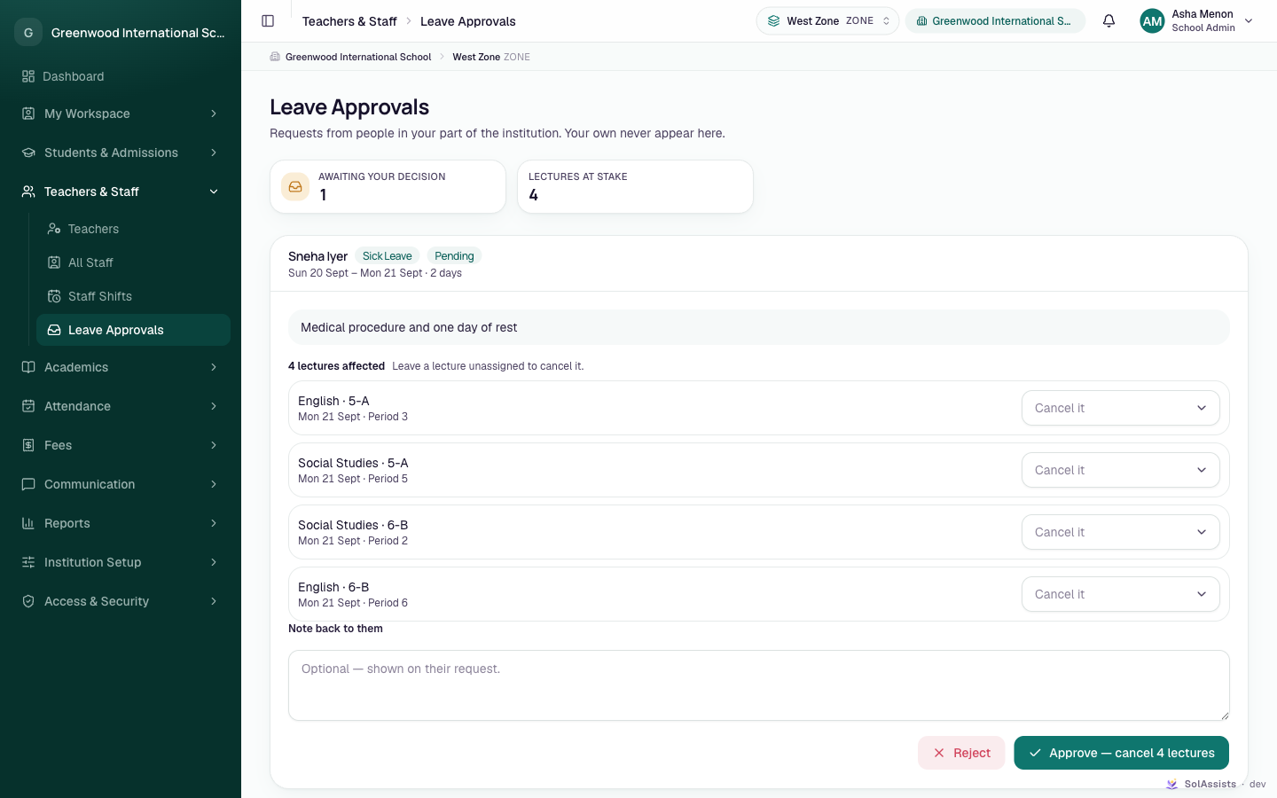 Leave Approvals with one pending request, affected lectures and cover choices