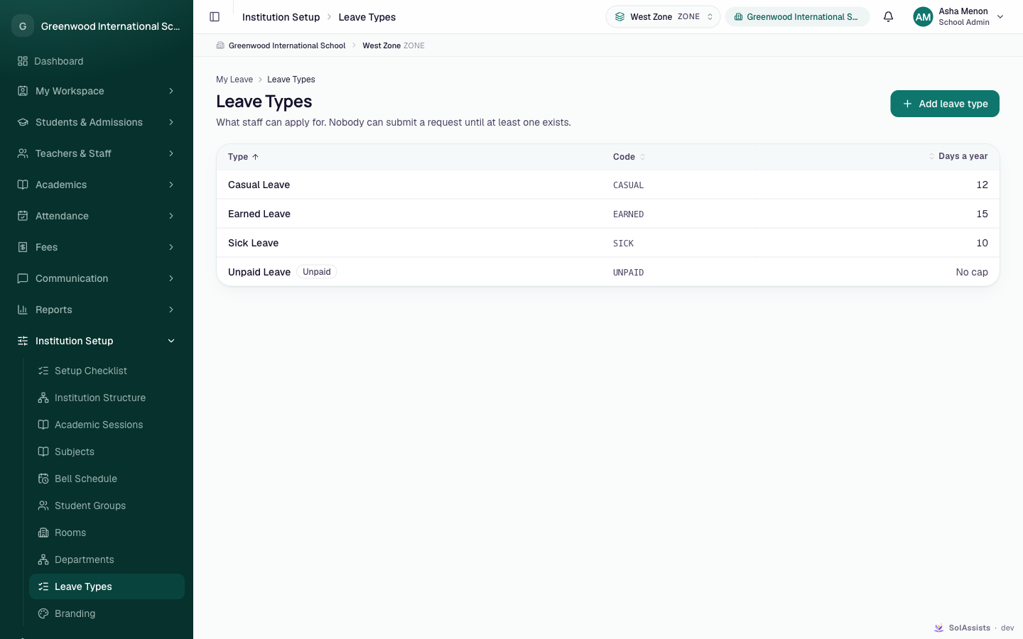 Leave Types list with type, code and days a year