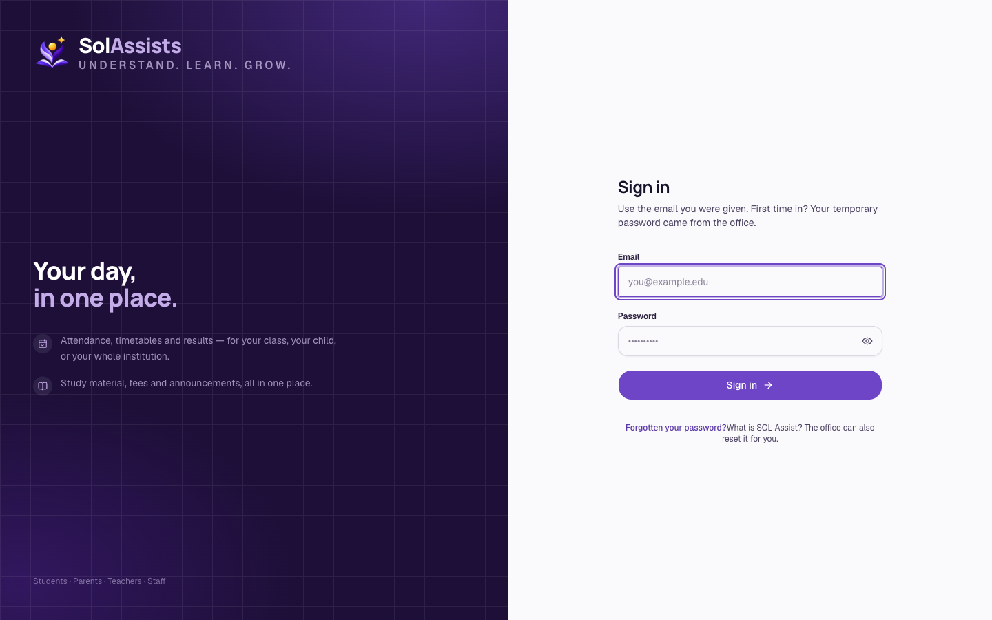 SolAssists sign-in page