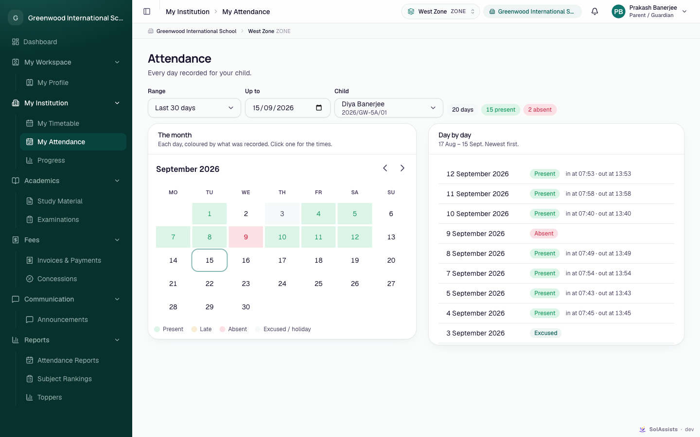 A parent's My Attendance page with calendar and day-by-day list