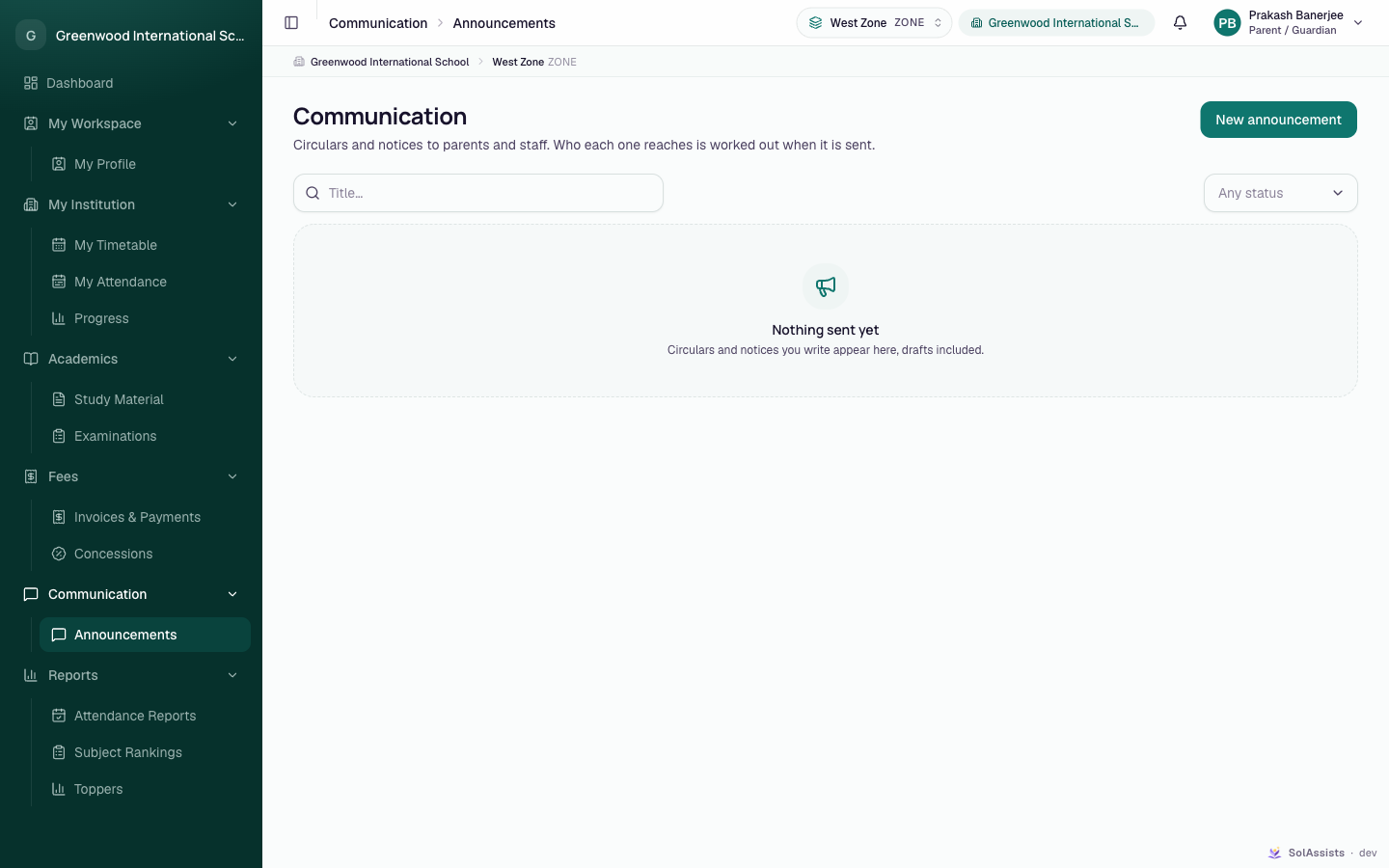 Announcements page as seen by a parent