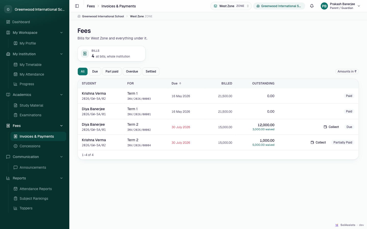 Fees page as seen by a parent