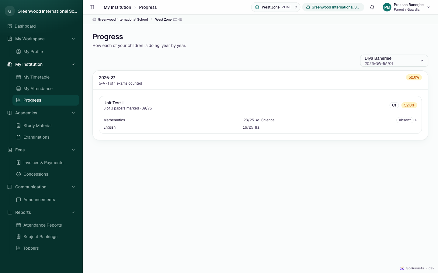 Parent Progress page with a child picker