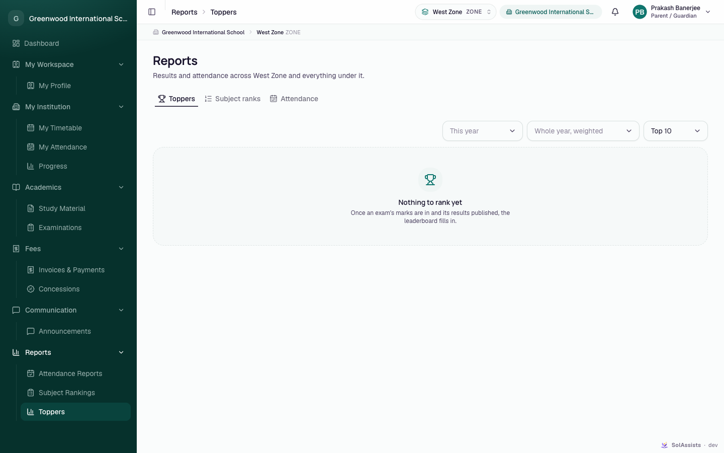 Reports, Toppers tab, as seen by a parent