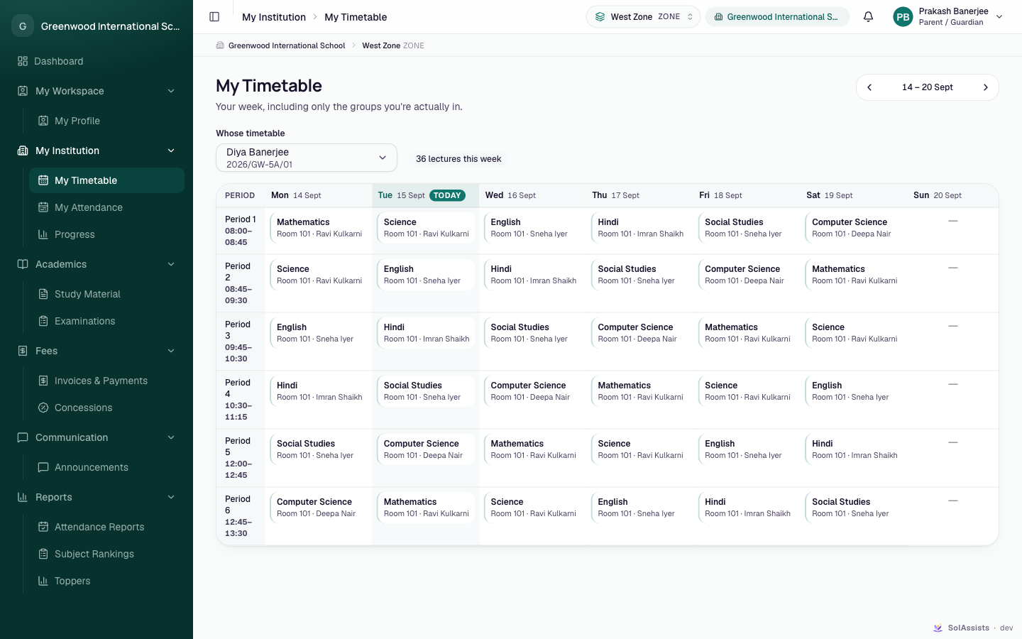 Parent timetable with the Whose timetable picker