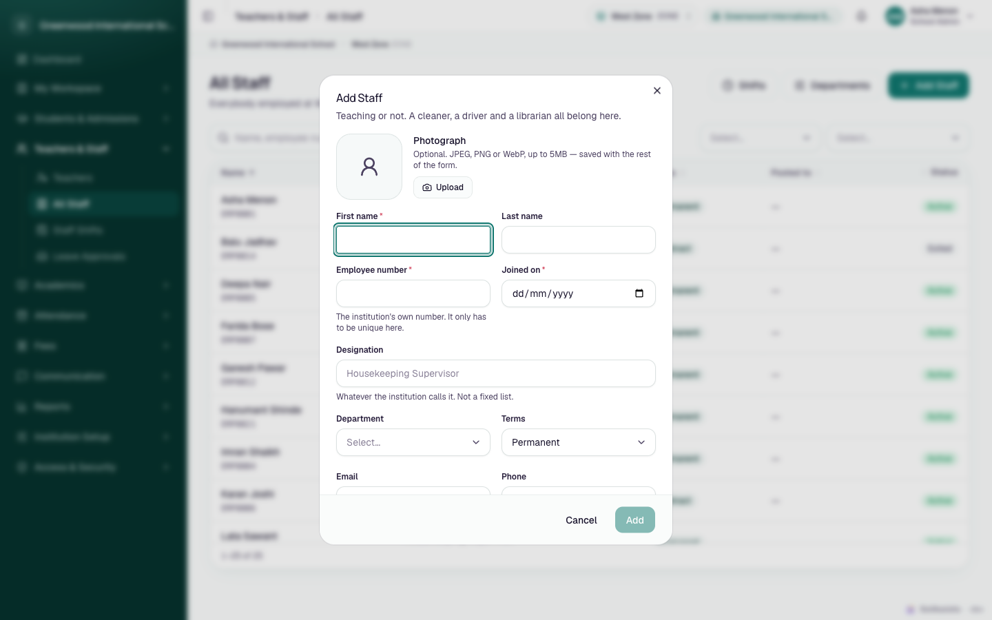 Add Staff dialog with photograph, name, employee number, joined on, designation, department, terms, email and phone