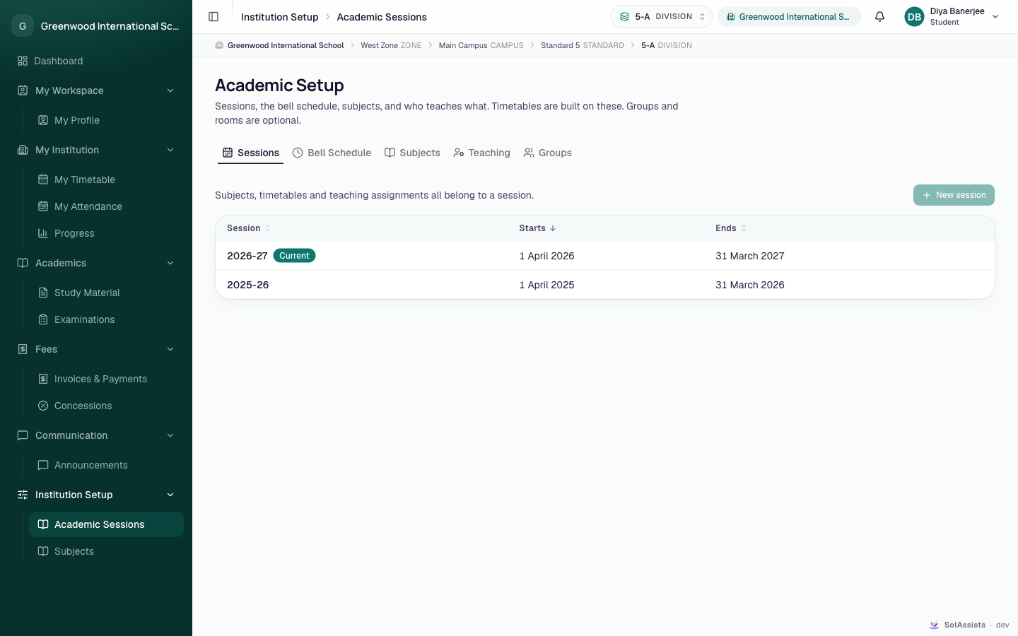 Academic Setup, Sessions tab, as seen by a student