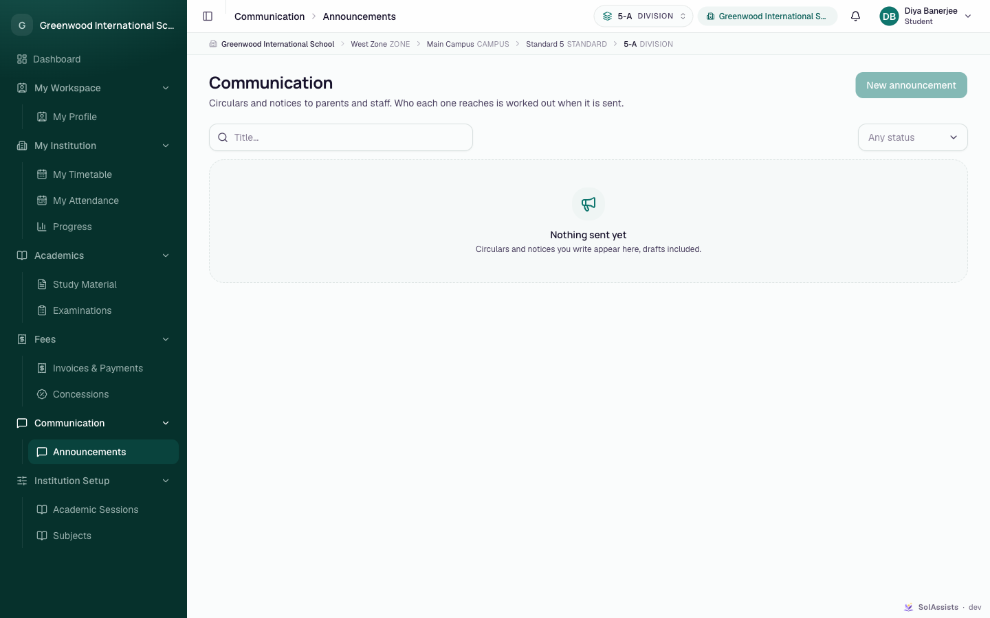 Announcements page as seen by a student