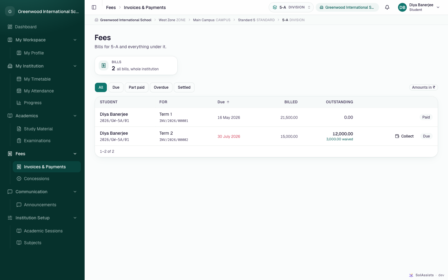Fees page as seen by a student