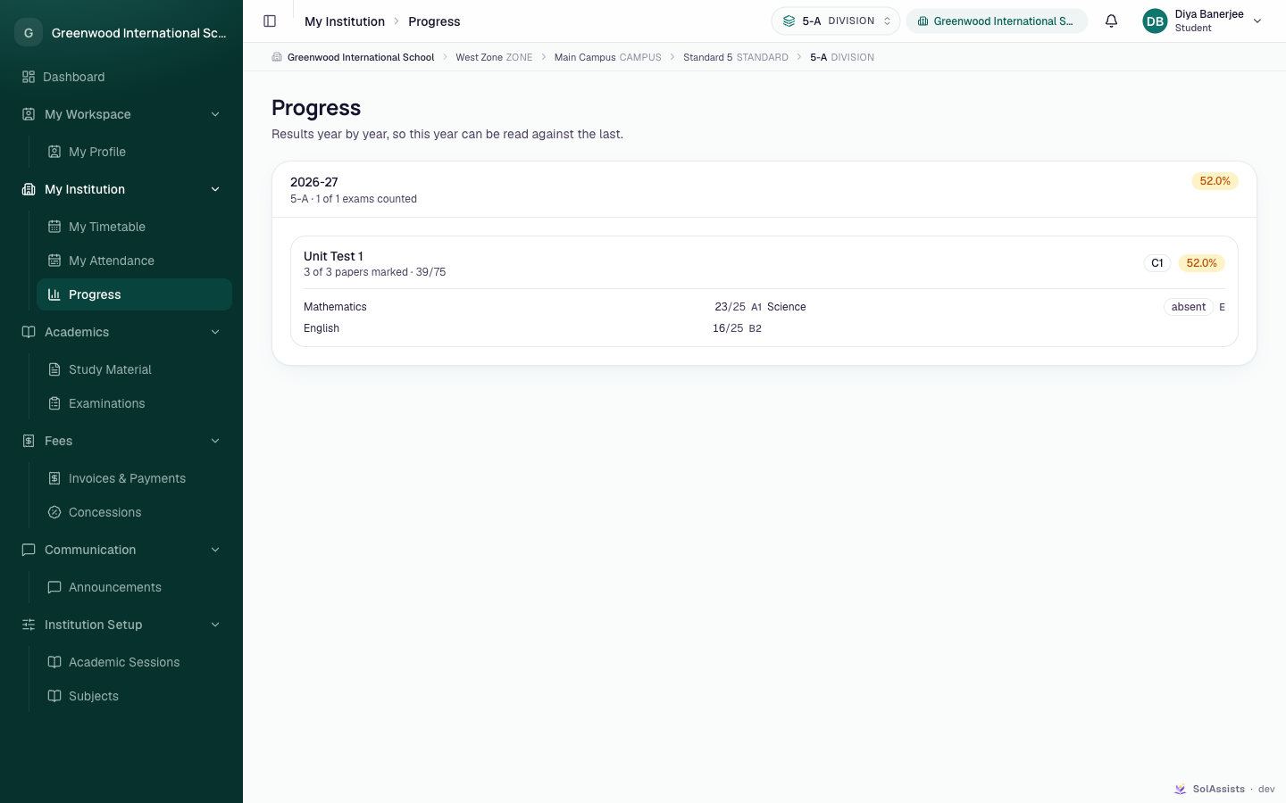 Student Progress page