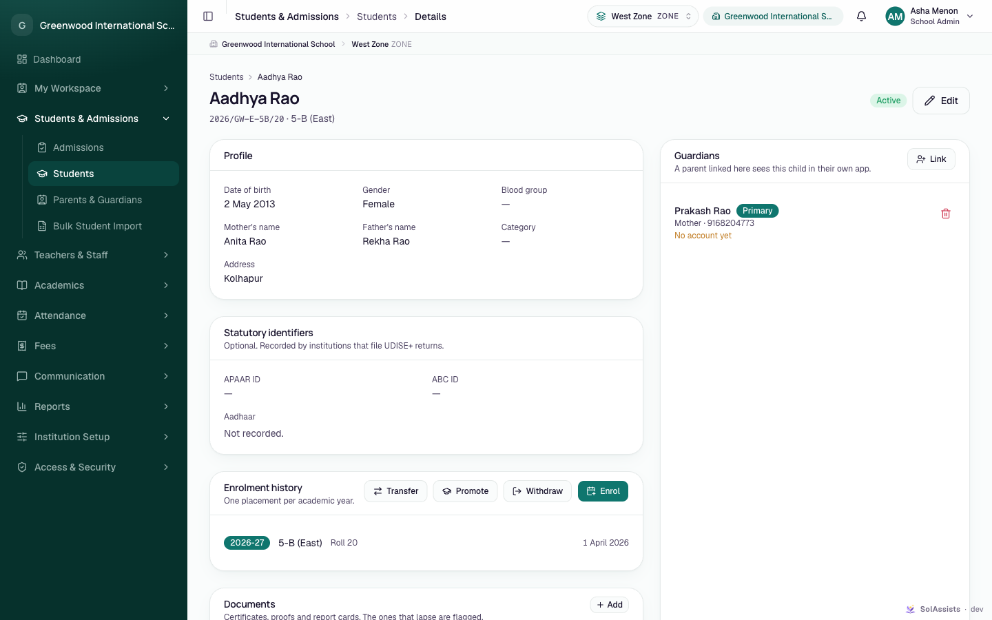 A student profile page