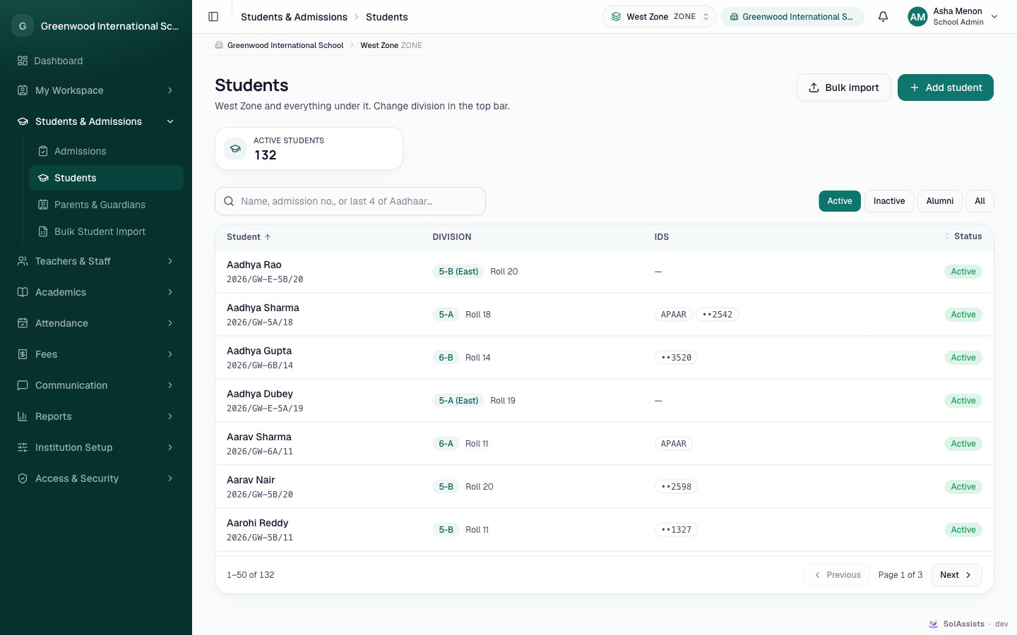The Students list with the Active filter selected