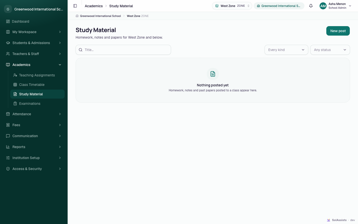 The Study Material list with kind and status filters