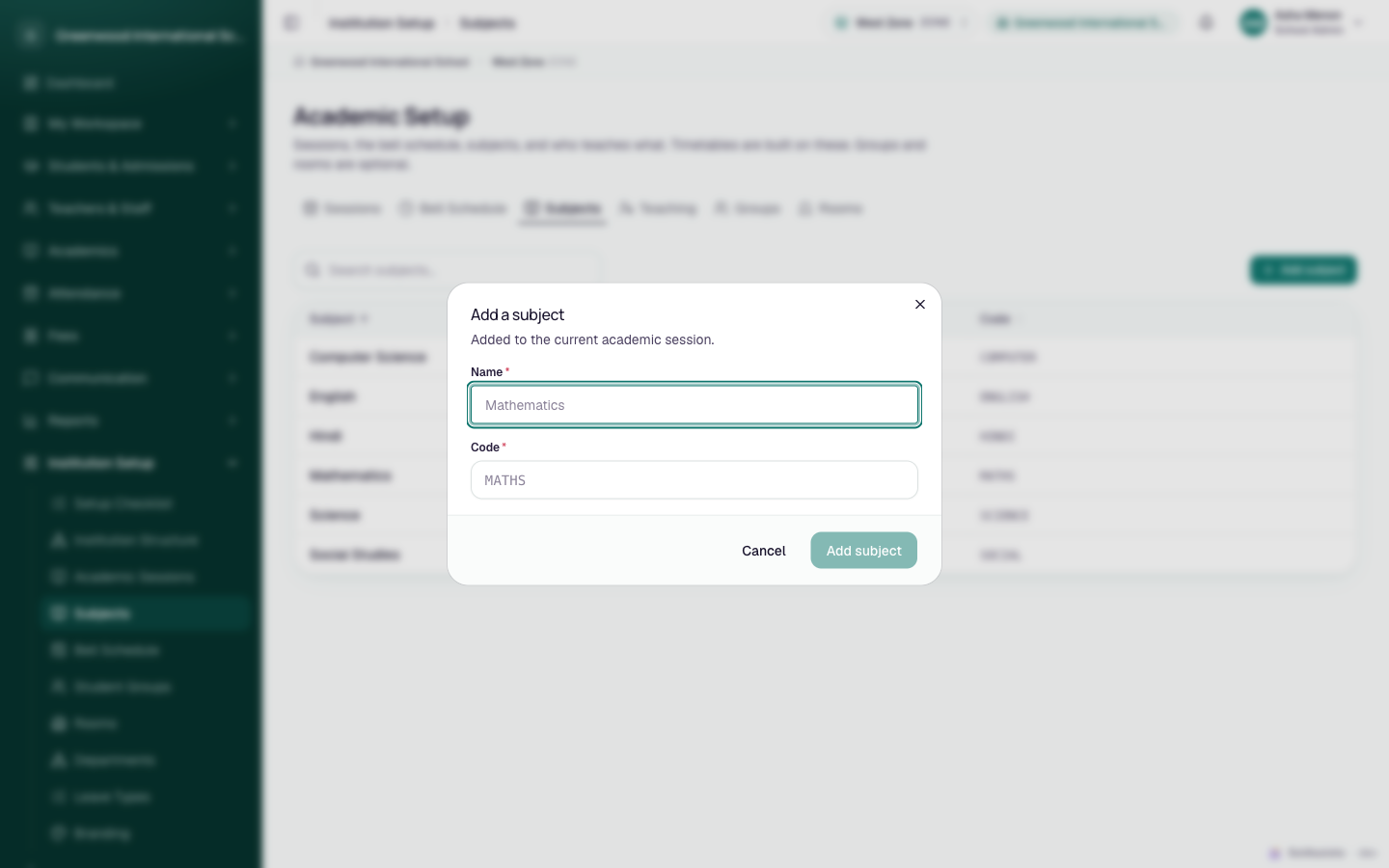 Add a subject dialog with Name and Code fields