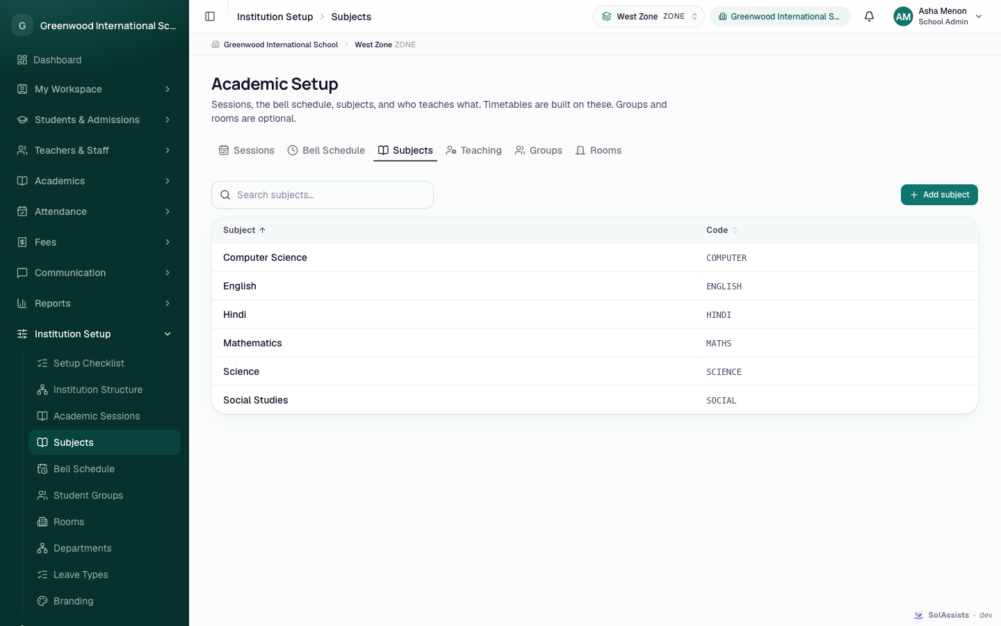 Subjects tab listing six subjects with their codes