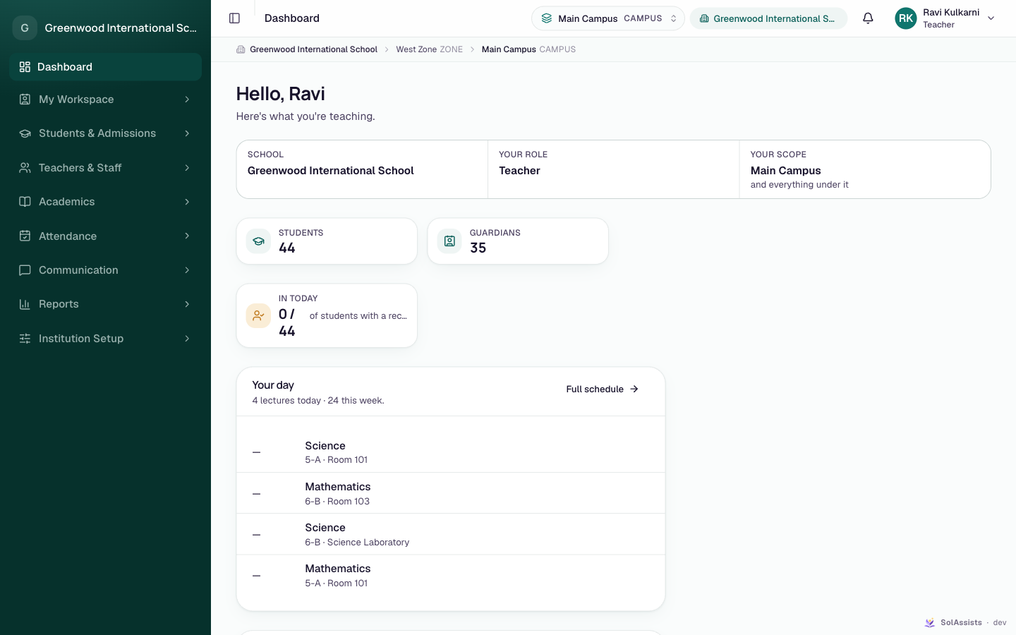 Teacher dashboard with role, scope, student counts and the Your day card