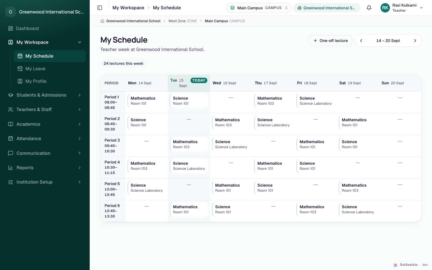 My Schedule weekly grid with periods and lectures