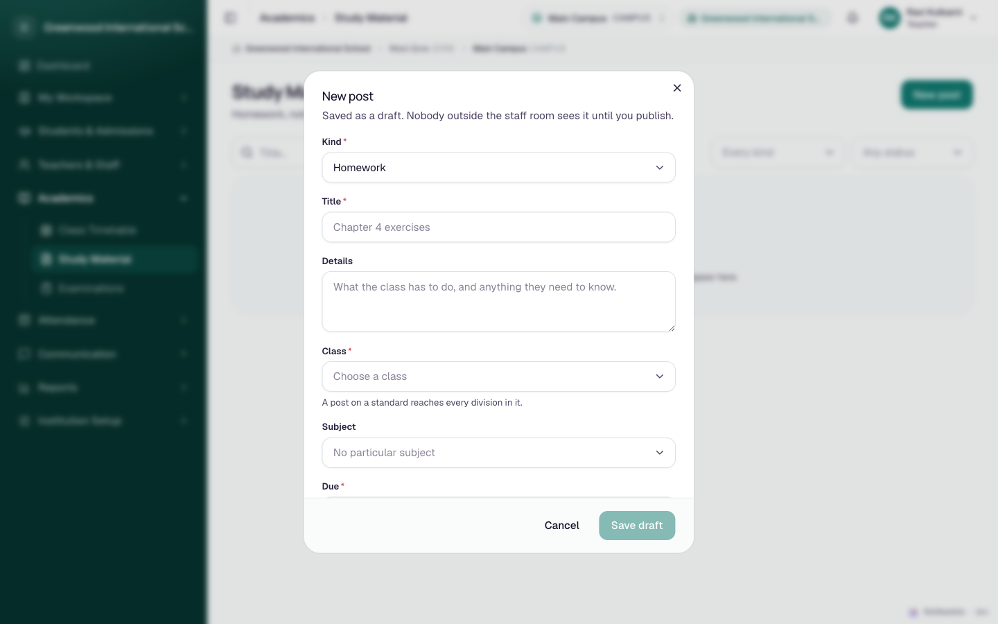 New post dialog with Kind, Title, Details, Class and Subject