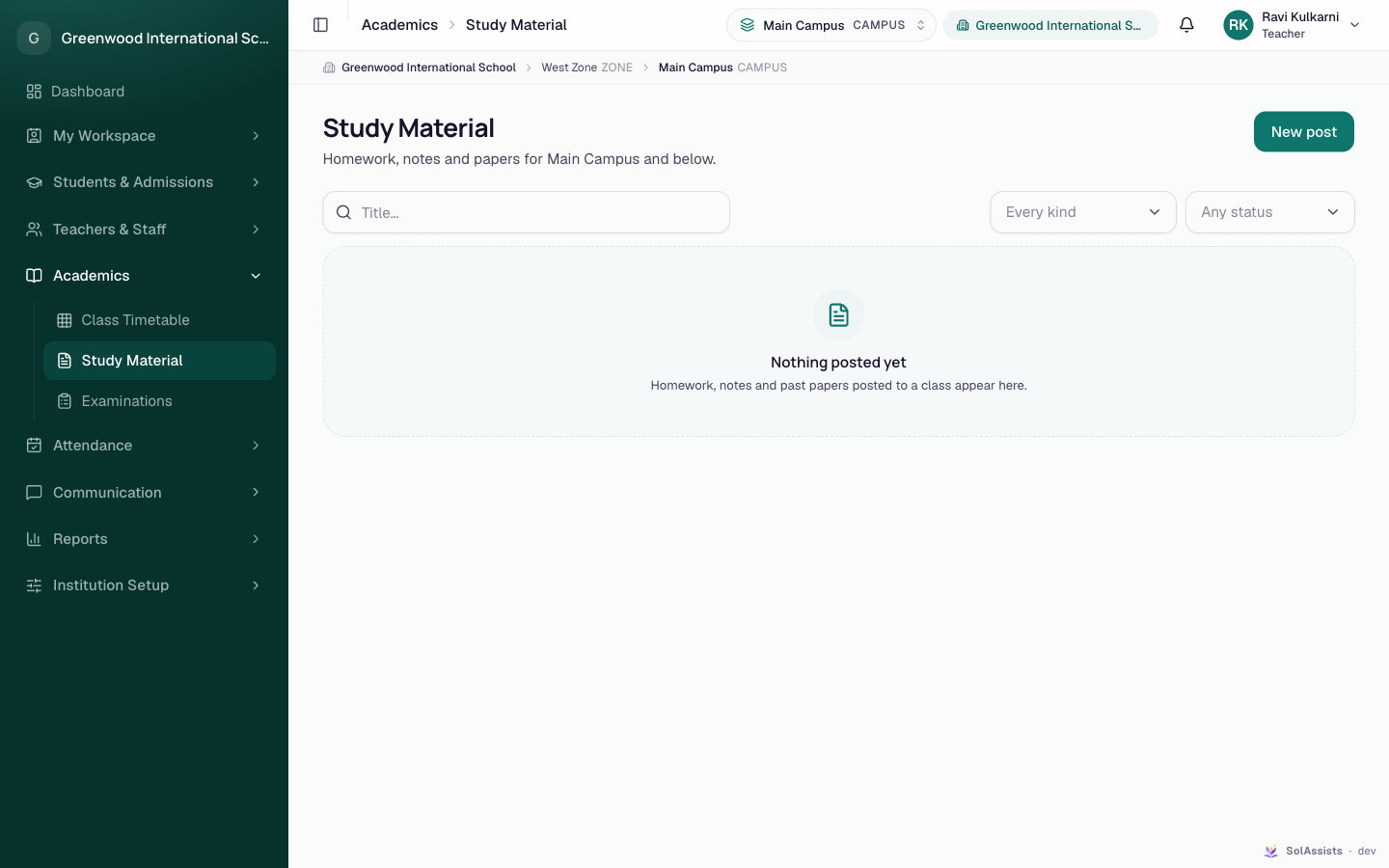 Study Material page, empty, with New post button