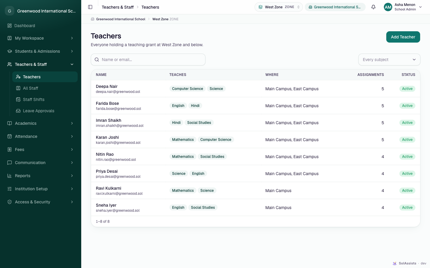 Teachers page listing teachers with the subjects they teach, where they work, assignment count and status