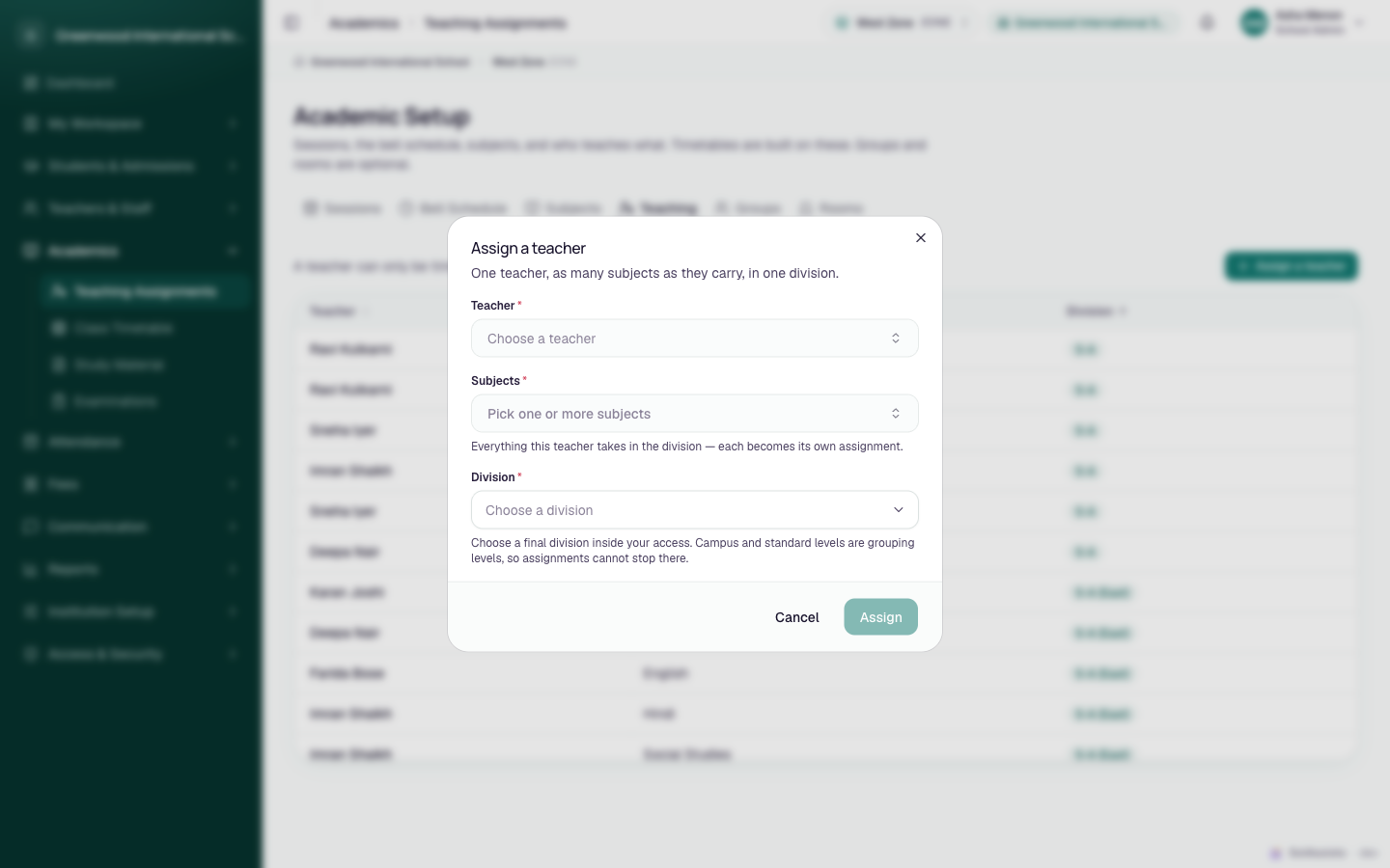 Assign a teacher dialog with Teacher, Subjects and Division fields