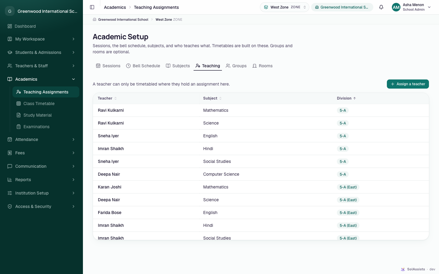 Teaching tab listing teacher, subject and division